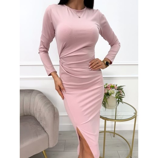 Pudrowa Sukienka z Marszczeniem ze sklepu ModnaKiecka.pl w kategorii Sukienki - zdjęcie 178822579