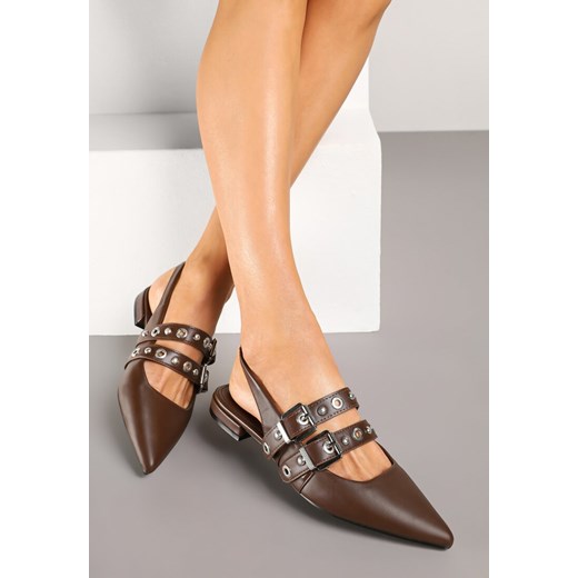 Brązowe Sandały Typu Slingback Ozdobione Klamrami Selritia ze sklepu renee.pl w kategorii Balerinki - zdjęcie 178822847