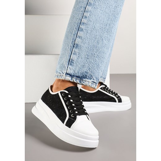 Czarno-Białe Koronkowe Sneakersy na Grubej Podeszwie Falinira ze sklepu born2be.pl w kategorii Buty sportowe damskie - zdjęcie 178823506