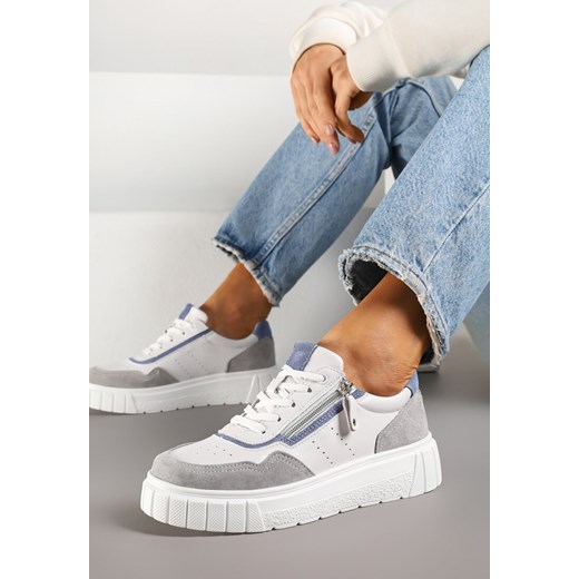 Biało-Szare Sneakersy ze Skóry Naturalnej z Ozdobnym Suwakiem Tilliraya ze sklepu renee.pl w kategorii Buty sportowe damskie - zdjęcie 178827276