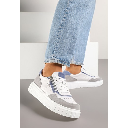 Biało-Szare Sneakersy Skórzane z Ozdobnym Suwakiem Tillirella ze sklepu born2be.pl w kategorii Buty sportowe damskie - zdjęcie 178827649