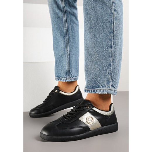 Czarno-Złote Skórzane Sneakersy Klasyczne Tenisówki z Metalicznym Zdobieniem Marins ze sklepu born2be.pl w kategorii Buty sportowe damskie - zdjęcie 178827655