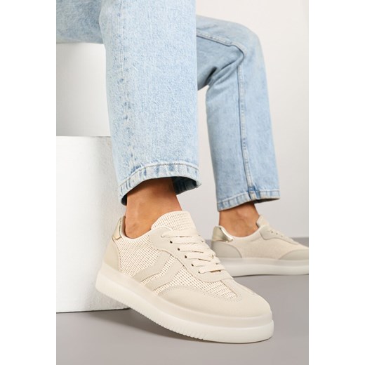 Beżowe Sneakersy w Stylu Tenisówek z Geometrycznymi Paskami Falenira ze sklepu born2be.pl w kategorii Buty sportowe damskie - zdjęcie 178828138