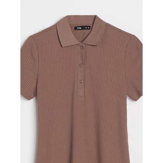 Sinsay - Prążkowana sukienka mini z kołnierzykiem - beżowy Sinsay XL Sinsay