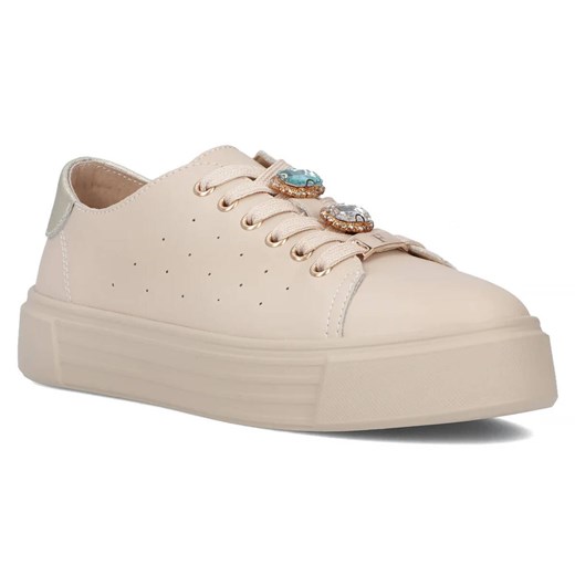 Skórzane sneakersy damskie - Filippo DP6854/25, beżowe, sznurowane ze sklepu ulubioneobuwie w kategorii Buty sportowe damskie - zdjęcie 178864328