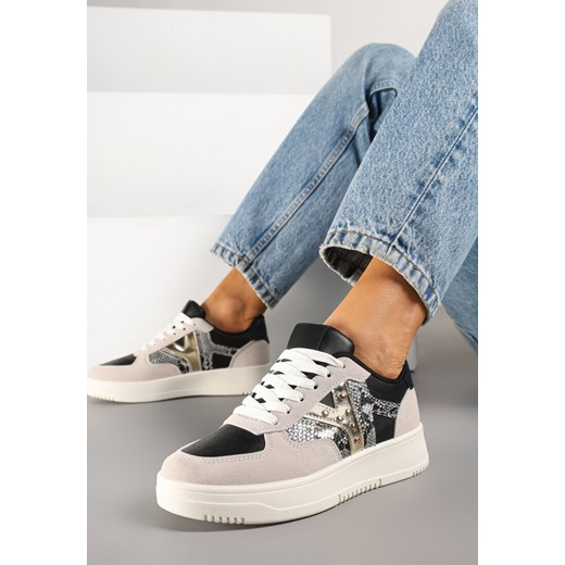 Czarno-Beżowe Sneakersy Zdobione Metaliczną Aplikacją i Imitacją Skóry Węża Sarivane ze sklepu renee.pl w kategorii Buty sportowe damskie - zdjęcie 178886478