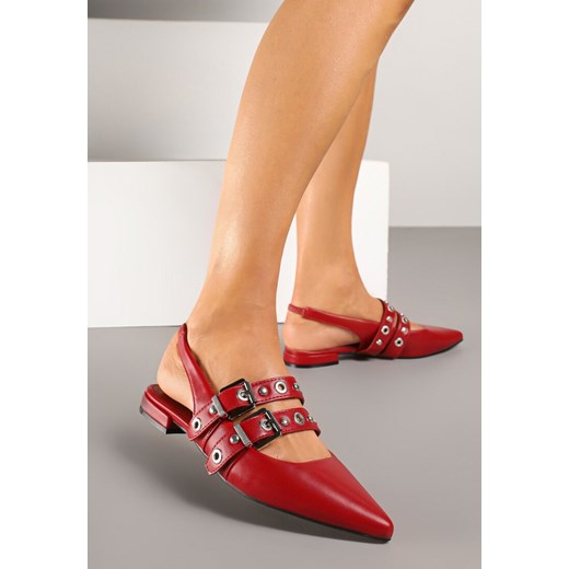 Czerwone Sandały Typu Slingback Ozdobione Klamrami Selritia ze sklepu renee.pl w kategorii Balerinki - zdjęcie 178886718