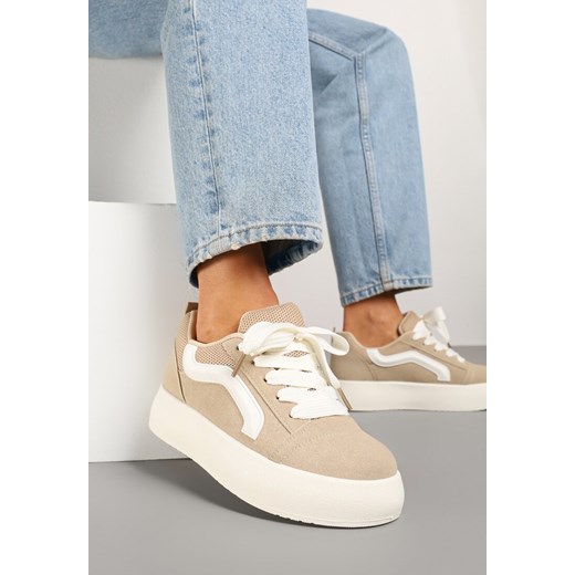 Ciemnobeżowe Sneakersy na Platformie z Geometrycznym Wzorem Kornelna ze sklepu renee.pl w kategorii Buty sportowe damskie - zdjęcie 178887219