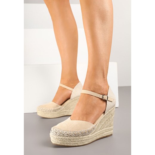 Beżowe Sandały w Stylu Espadryli na Koturnie z Plecionki Yasvanis ze sklepu born2be.pl w kategorii Espadryle damskie - zdjęcie 178889247