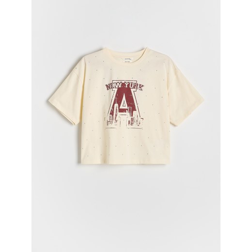 Reserved - T-shirt z kryształkami i nadrukiem - kremowy Reserved 134/140 (8-9 lat) Reserved