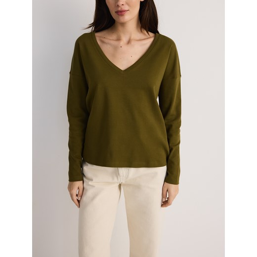 Reserved - Longsleeve z dekoltem V - oliwkowy Reserved XS Reserved