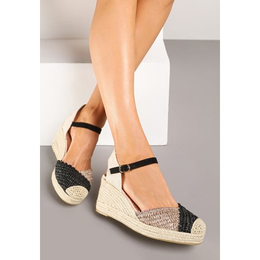 Czarne Sandały Typu Espadryle na Koturnie z Plecionki Annivane Renee 41 renee.pl