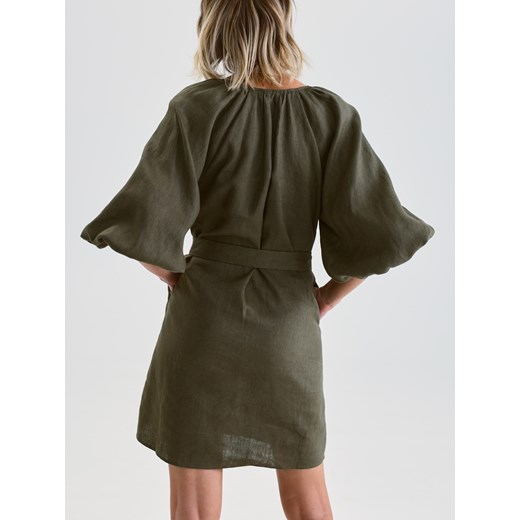 Reserved - Lniana sukienka z wiązaniem - oliwkowy Reserved L Reserved