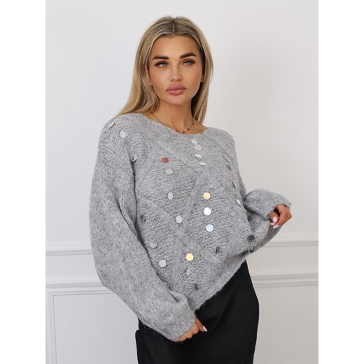 SWETER ONE SIZE Z OZDOBNĄ MIENIACĄ SIĘ APLIKACJĄ-SZARY ze sklepu olika.com.pl w kategorii Swetry damskie - zdjęcie 178958305