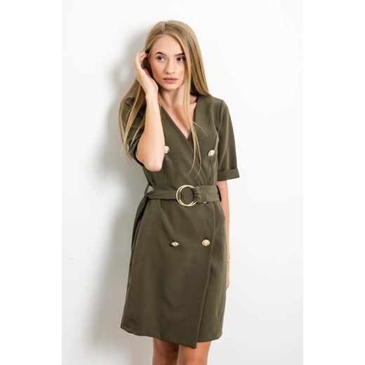 ELEGANCKA GARNITUROWA SUKIENKA Z OZDOBNYMI GUZIAKMI SZMIZJERKA -ZIELONA ze sklepu olika.com.pl w kategorii Sukienki - zdjęcie 178958689
