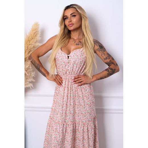 SUKIENKA MAXI W KWIATY NA RAMIACZKA Z FALBANKĄ- RÓŻOWA ze sklepu olika.com.pl w kategorii Sukienki - zdjęcie 178959558