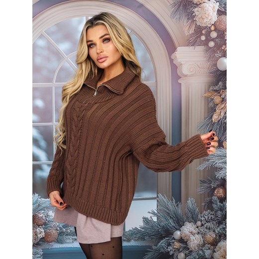 SWETER Z GOLFEM ZAPINANY NA ZAMEK- BRĄZOWY ze sklepu olika.com.pl w kategorii Swetry damskie - zdjęcie 178960886