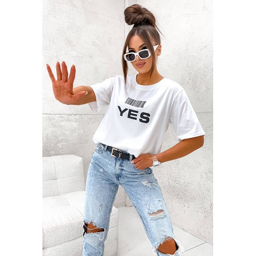 T-SHIRT Z KODEM KRESKOWYM YES-NO- BIAŁA ze sklepu olika.com.pl w kategorii Bluzki damskie - zdjęcie 178961047