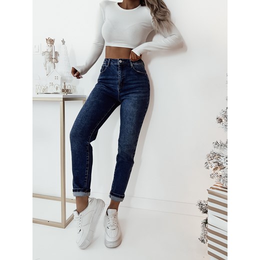 SPODNIE JEANSOWE REGULAR FIT Z WYSOKIM STANEM- GRANATOWE ze sklepu olika.com.pl w kategorii Jeansy damskie - zdjęcie 178961388