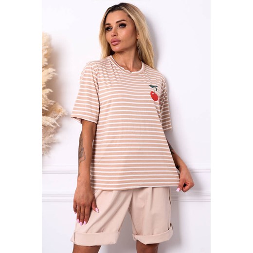 T-SHIRT W PASKI Z OZDOBNĄ APLIKACJĄ- BEŻOWY ze sklepu olika.com.pl w kategorii Bluzki damskie - zdjęcie 178962669