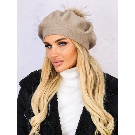 KLASYCZNY BERET DAMSKI Z POMPONEM- BRĄZOWY ze sklepu olika.com.pl w kategorii Czapki zimowe damskie - zdjęcie 178964667