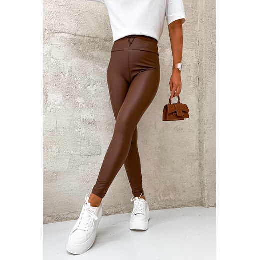 WOSKOWANE LEGGINSY Z OZDOBNYM HAFTEM - BRĄZOWE ze sklepu olika.com.pl w kategorii Spodnie damskie - zdjęcie 178965267