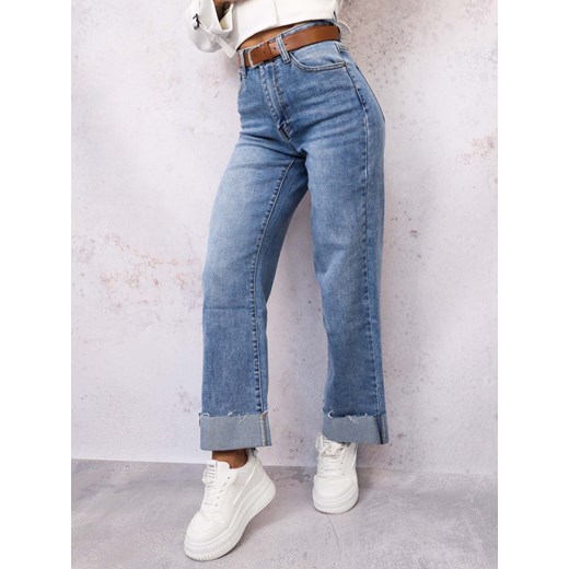 SPODNIE JEANSOWE Z PODWINIĘTĄ NOGAWKĄ- CIEMNY JEANS+ PASEK ze sklepu olika.com.pl w kategorii Jeansy damskie - zdjęcie 178965286