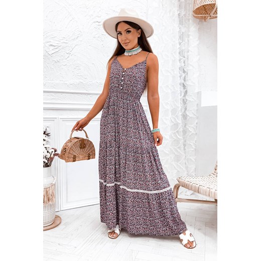 SUKIENKA MAXI W KWIATY NA RAMIACZKA Z FALBANKĄ- CZARNA ze sklepu olika.com.pl w kategorii Sukienki - zdjęcie 178967745