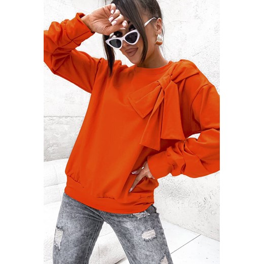 BLUZA Z OZDOBNĄ KOKARDĄ I MARSZCZENIAMI NA RĘKAWACH- POMARAŃCZOWA ze sklepu olika.com.pl w kategorii Bluzy damskie - zdjęcie 178967908