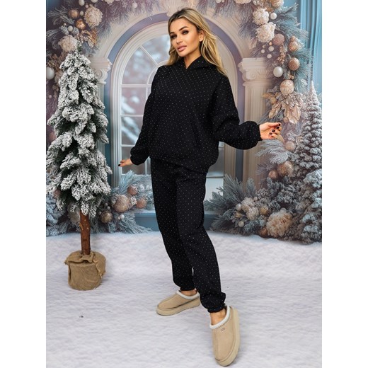 BAWEŁNIANY KOMPLET W CYRKONIE  BLUZA + SPODNIE- CZARNA ze sklepu olika.com.pl w kategorii Komplety i garnitury damskie - zdjęcie 178968246