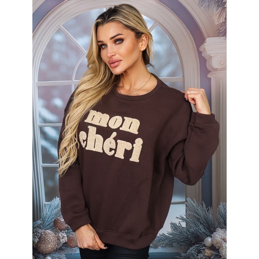 BLUZA Z NAPISEM MON CHERI- CIEMNY BRĄZ ze sklepu olika.com.pl w kategorii Bluzy damskie - zdjęcie 178970167