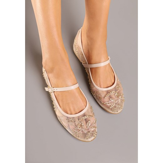 Beżowe Balerinki z Siateczki Ozdobione Haftami ze Sprzączką Divalen 41 wyprzedaż born2be.pl