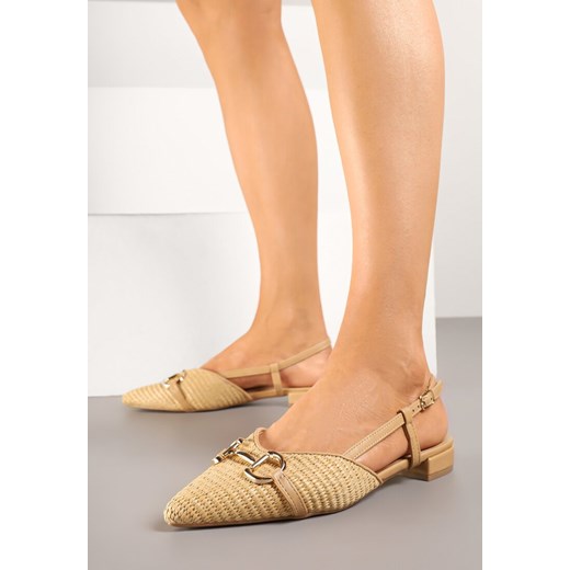 Ciemnobeżowe Sandały Slingback z Tweedowymi Zdobieniami i Metaliczną Aplikacją Annilena ze sklepu renee.pl w kategorii Balerinki - zdjęcie 178970986