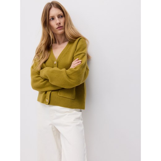 Reserved - Wełniany kardigan z kieszeniami - oliwkowy ze sklepu Reserved w kategorii Swetry damskie - zdjęcie 178974446