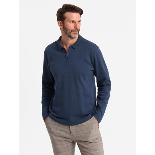 Longsleeve polo męski z zapinanym na zamek kołnierzykiem – granatowy V7 OM-POLS-0130 ze sklepu ombre w kategorii T-shirty męskie - zdjęcie 178974758