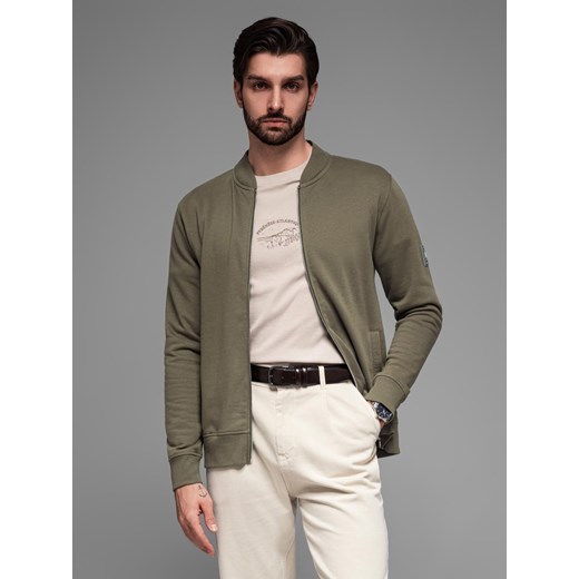 Bawełniana rozpinana bluza męska dresowa bomberka – khaki V1 OM-SSZP-0215 ze sklepu ombre w kategorii Bluzy męskie - zdjęcie 178974805