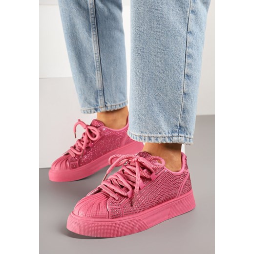 Fuksjowe Sneakersy Ozdobione Cyrkoniami na Platformie Lisavionea ze sklepu born2be.pl w kategorii Buty sportowe damskie - zdjęcie 178975588