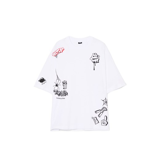 Cropp - Biały T-shirt z nieregularnymi nadrukami - biały Cropp XS Cropp