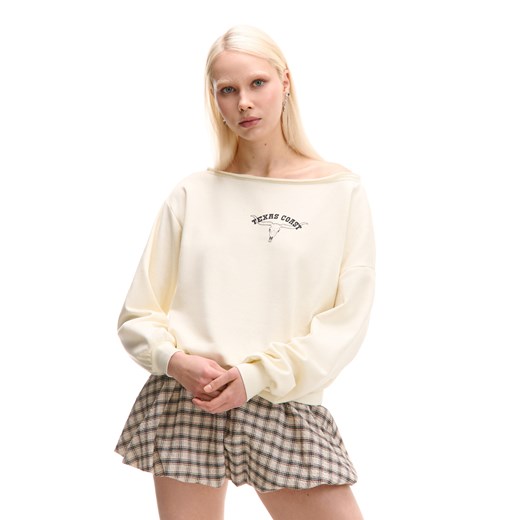 Cropp - Beżowa bluza z asymetrycznym dekoltem - kremowy ze sklepu Cropp w kategorii Bluzy damskie - zdjęcie 178979406