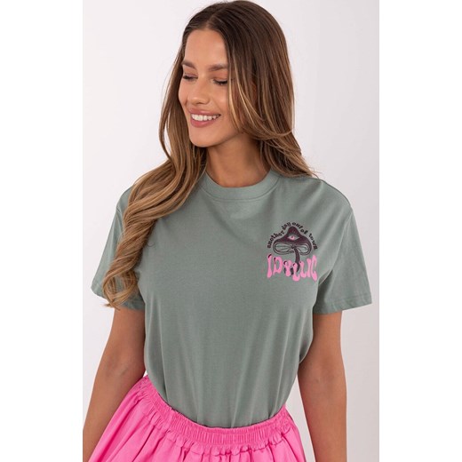 Pistacjowy damski t-shirt z napisami D12022AC02645H, Kolor pistacjowy, Rozmiar M, Sublevel ze sklepu Primodo w kategorii Bluzki damskie - zdjęcie 178983555