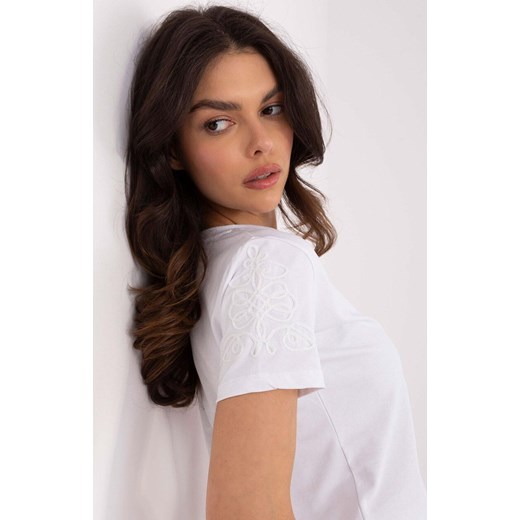 Biały bawełniany t-shirt damski z haftem RV-TS-A518.55, Kolor biały, Rozmiar S, Relevance ze sklepu Intymna w kategorii Bluzki damskie - zdjęcie 178984059