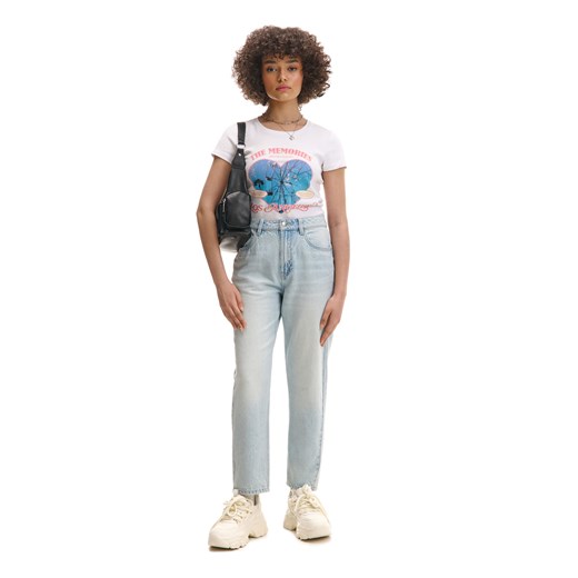 Cropp - Jasne jeansy mom z efektem sprania PETITE - niebieski Cropp 36 Cropp