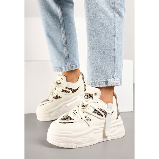 Beżowo-Panterkowe Streetwearowe Sneakersy na Platformie z Brokatem i Aplikacjami Maivessa ze sklepu born2be.pl w kategorii Buty sportowe damskie - zdjęcie 179001197