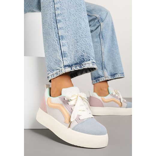 Niebiesko-Beżowe Sneakersy na Platformie z Geometrycznym Wzorem Kornelna ze sklepu renee.pl w kategorii Buty sportowe damskie - zdjęcie 179009698