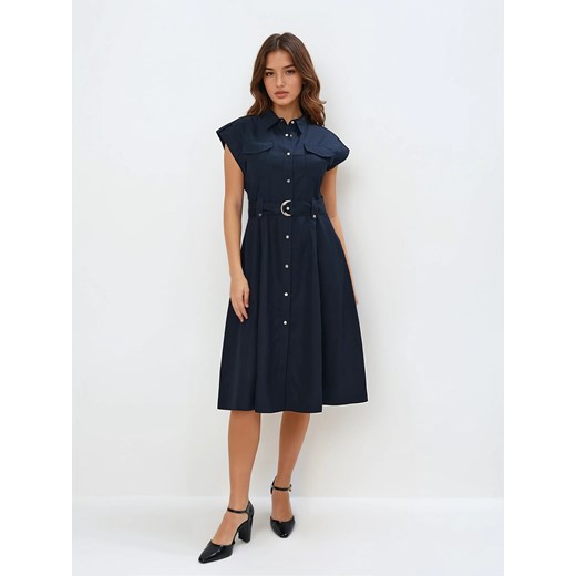 Mohito sukienka granatowa z kołnierzykiem na uczelnię wiosenna z krótkimi rękawami midi 