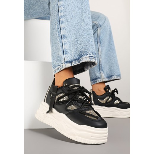 Czarne Sneakersy w Streetwearowym Stylu na Tłoczonej Platformie z Brokatem Mailienne ze sklepu renee.pl w kategorii Buty sportowe damskie - zdjęcie 179014485