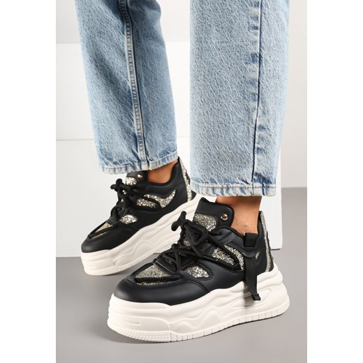 Czarne Streetwearowe Sneakersy na Platformie z Brokatem i Aplikacjami Maivessa ze sklepu born2be.pl w kategorii Buty sportowe damskie - zdjęcie 179015099
