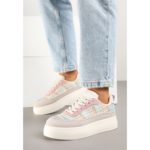 Beżowo-Różowe Sneakersy na Grubej Podeszwie z Plecioną Cholewką Nilavanea ze sklepu born2be.pl w kategorii Buty sportowe damskie - zdjęcie 179015129