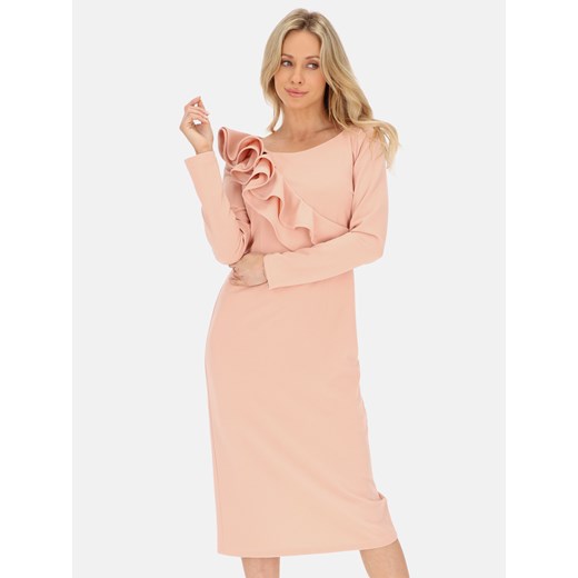 Pudrowa dopasowana sukienka koktajlowa z falbanką L'AF Kim ze sklepu Eye For Fashion w kategorii Sukienki - zdjęcie 179017305