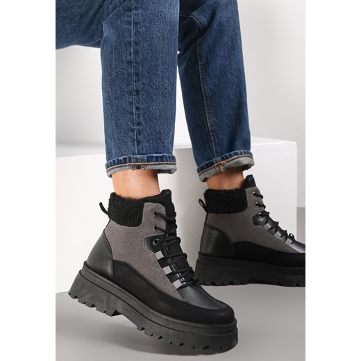 Czarno-Szare Traperki Sznurowane Trapery Jette ze sklepu born2be.pl w kategorii Workery damskie - zdjęcie 179017479